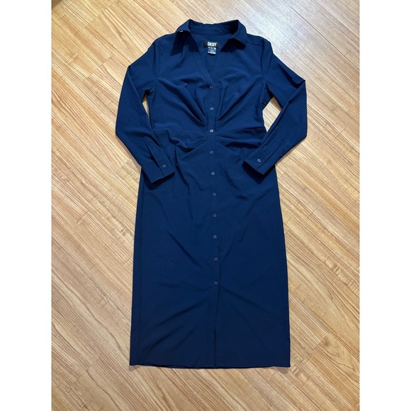 DKNY Midi Shirt Dress Navy Blue Button Front Twisted Waist Women Size 8 - Picture 1 of 8